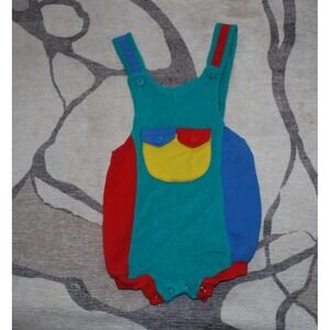 Vintage Kids N Fun Boy Overall Shorts – 18 Months – Teal / Red / Yellow – 1990s